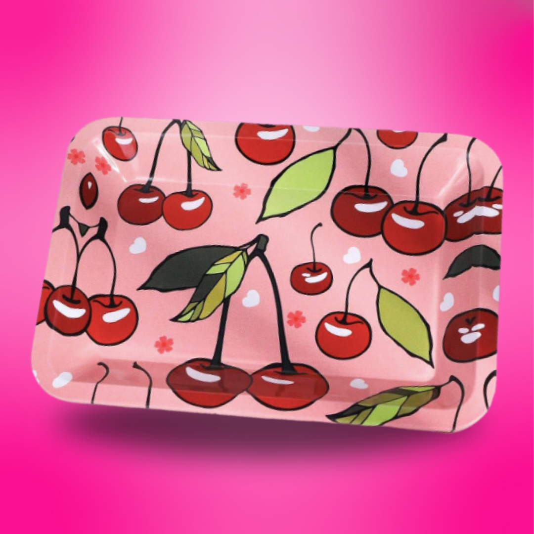 Rectangular tray with cherry design on a pink background
