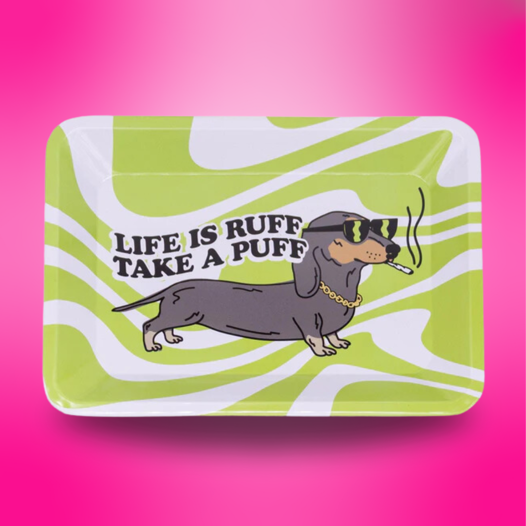 Tray with a dachshund illustration and 'Life is Ruff" text on a pink background
